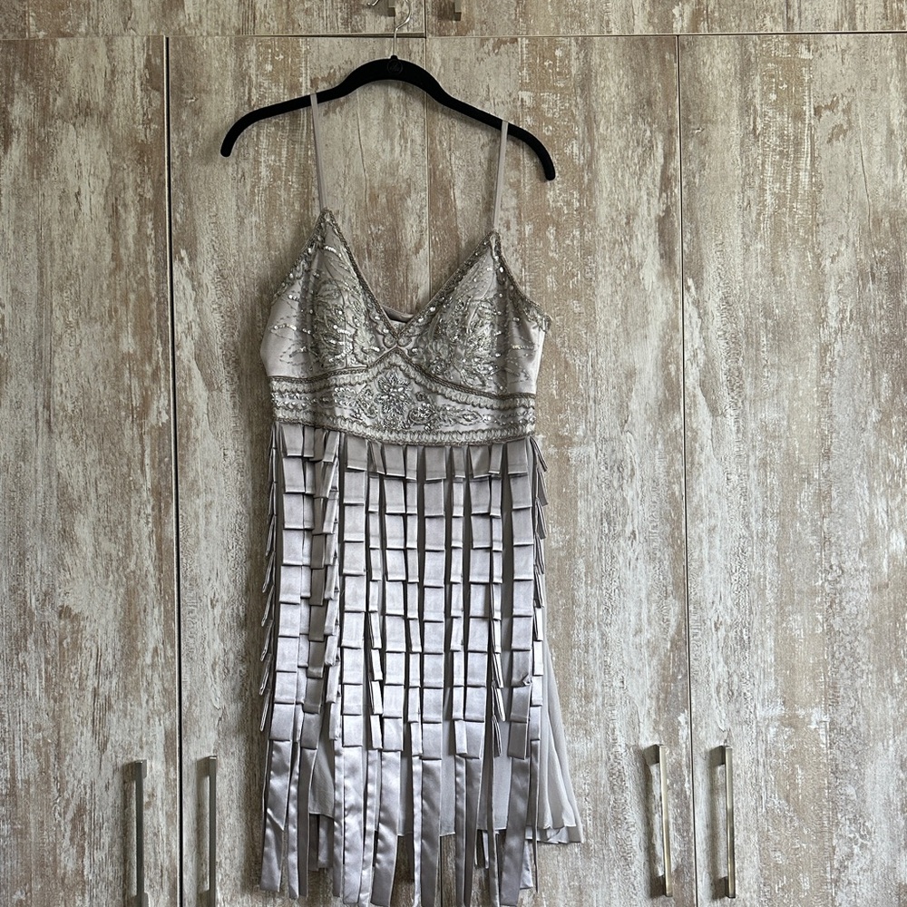 Sue Wong Silver Beaded Fringe Cocktail Dress